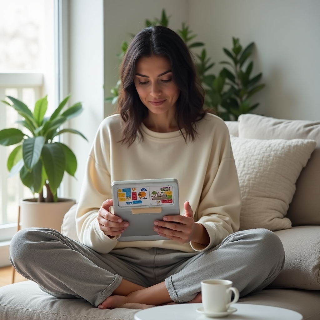 Adulte jouant à des jeux sociaux casual sur sa tablette pendant une pause café
